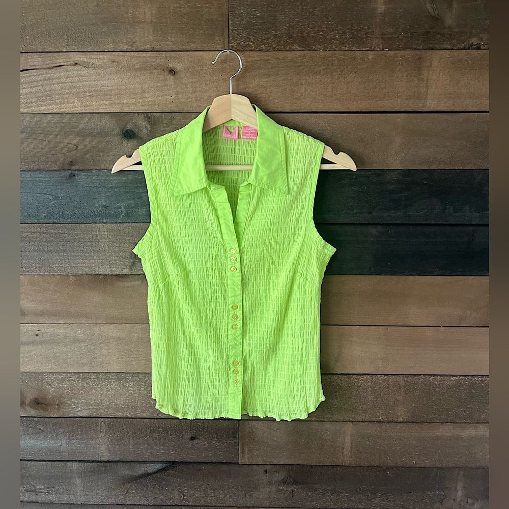 Y2K Andrew & Co Lime Green Crinkle Sleeveless Button Down Top